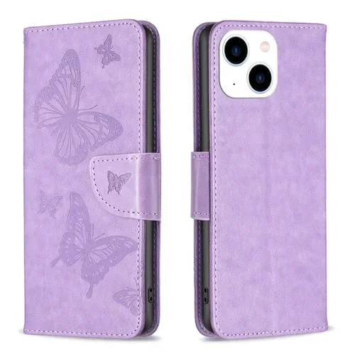 Funda de Cuero para iPhone 15 Estampado en Relieve Dos Mariposas (Púrpura)
