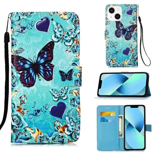 Funda de Cuero para iPhone 15 Patrón de Dibujo Coloreado Tejido Liso (Mariposa Cariñosa)