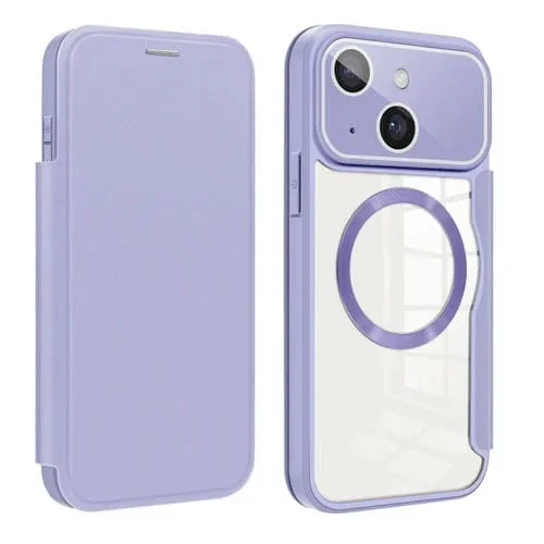 Funda de Cuero para iPhone 15 Plus Antirrobo Magnética Rfid Magsafe con Escudo (Púrpura)
