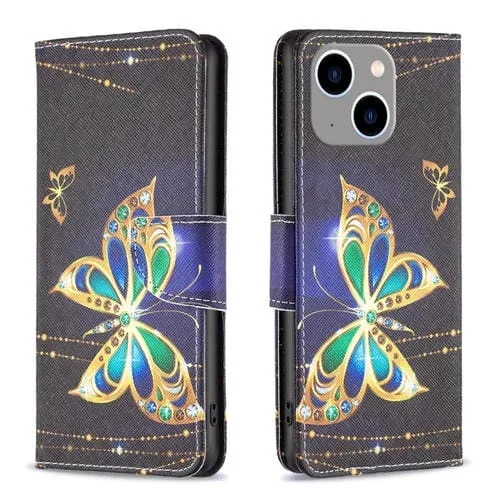 Funda de Cuero para iPhone 15 Plus Flip con Patrón de Dibujo Mariposa Grande