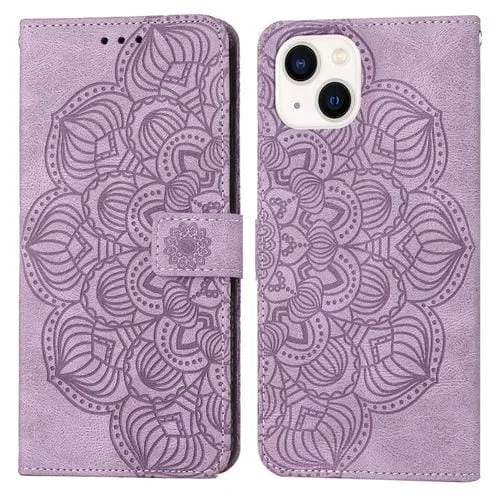 Funda de Cuero para iPhone 15 Plus Mandala con Tapa en Relieve (Púrpura)