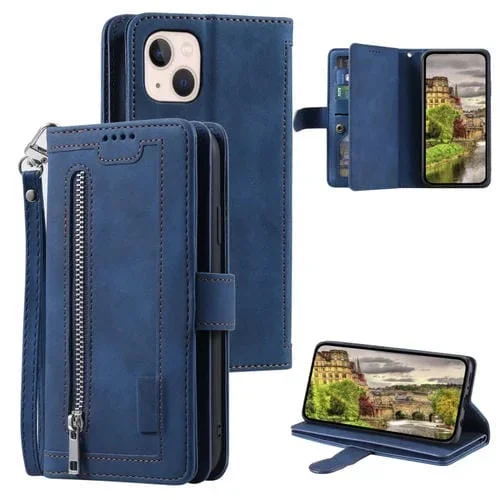 Funda de Cuero para iPhone 15 Plus Nine Card Zipper Bag con Cordón (Azul)