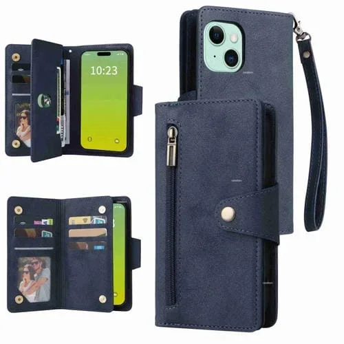 Funda de Cuero para iPhone 15 Plus Remache Hebilla 9 Tarjetas con Tres Pliegues (Azul)