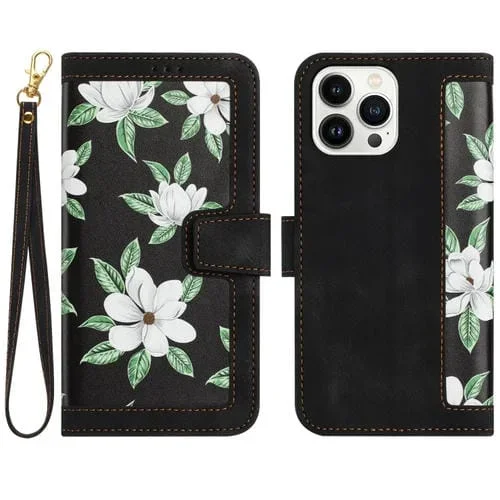 Funda de Cuero para iPhone 15 Pro con Estampado Floral y Cordón (Negro)