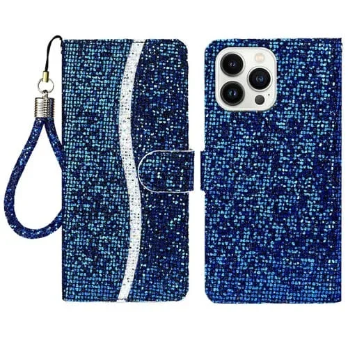 Funda de Cuero para iPhone 15 Pro con Tapa en Polvo con Purpurina (Azul)