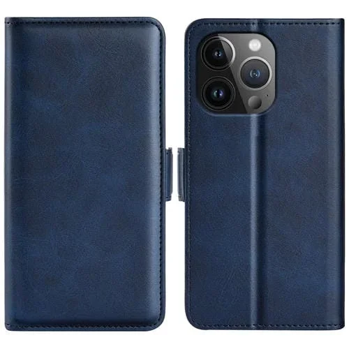 Funda de Cuero para iPhone 15 Pro con Tapa Horizontal y Hebilla Magnética de Doble Cara (Azul Oscuro)