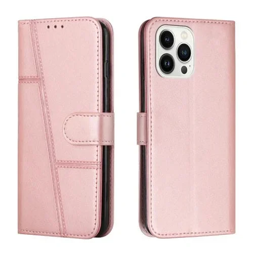 Funda de Cuero para iPhone 15 Pro Max Becerro Textura Costura Hebilla (Oro Rosa)