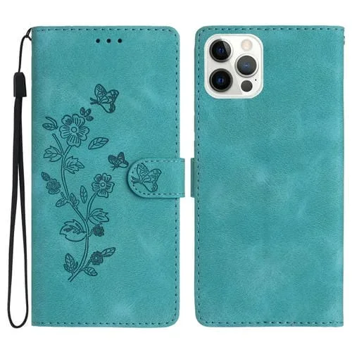 Funda de Cuero para iPhone 15 Pro Max Flor Mariposa Relieve Patrón (Azul Cielo)