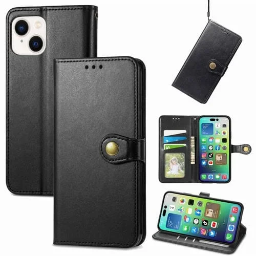 Funda de Cuero para iPhone 15 Pro Max Retro Color Sólido con Hebilla (Negro)