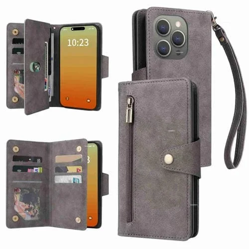 Funda de Cuero para iPhone 15 Pro Remache Hebilla 9 Tarjetas con Tres Pliegues (Gris)