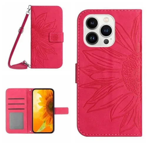 Funda de Cuero para iPhone 15 Pro Skin Feel Sun Flower con Tapa En Relieve y Cordón (Rose Red)