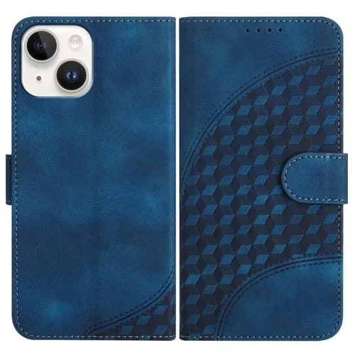 Funda de Cuero para iPhone 15 Yx0060 con Relieve y Cabeza de Elefante con Cordón (Azul Real)