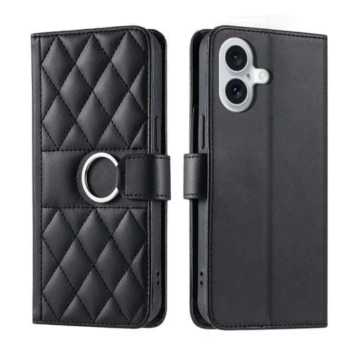 Funda de Cuero para iPhone 16 con Forma de Rombo y Hebilla de Anillo (Negra)