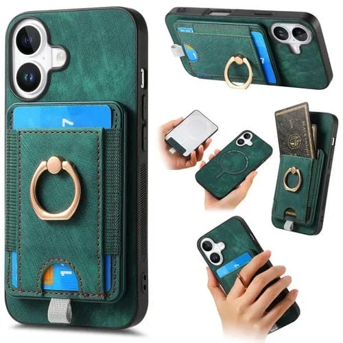 Funda de Cuero para iPhone 16 con Tarjetero Magnético Divisible Estilo Retro (Verde)