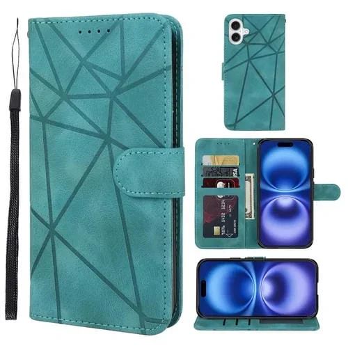 Funda de Cuero para iPhone 16 Líneas Geométricas Tacto Agradable (Verde)