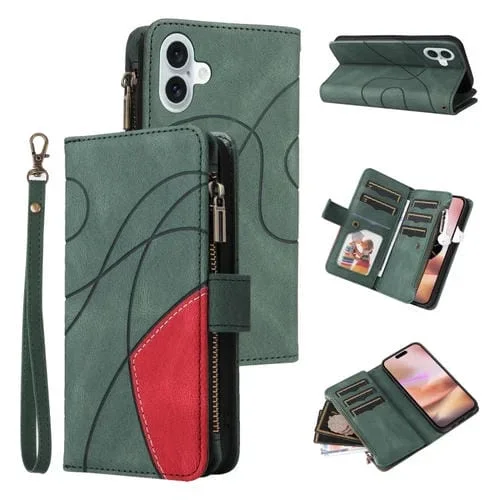 Funda de Cuero para iPhone 16 Plus con Billetera, Cremallera y 9 Ranuras para Tarjetas (Verde)