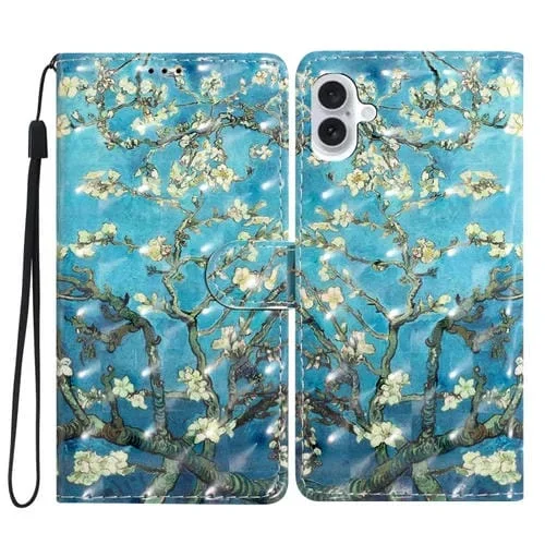 Funda de Cuero para iPhone 16 Plus con Patrón 3D Flor de Albaricoque (Base Azul)