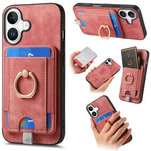 Funda de Cuero para iPhone 16 Plus con Tarjetero Magnético Divisible Estilo Retro (Rosa)