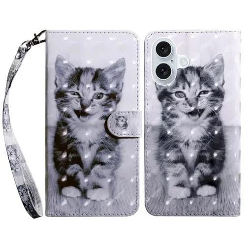 Funda de Cuero para iPhone 16 Plus Pintada en 3D Gato Sonriente