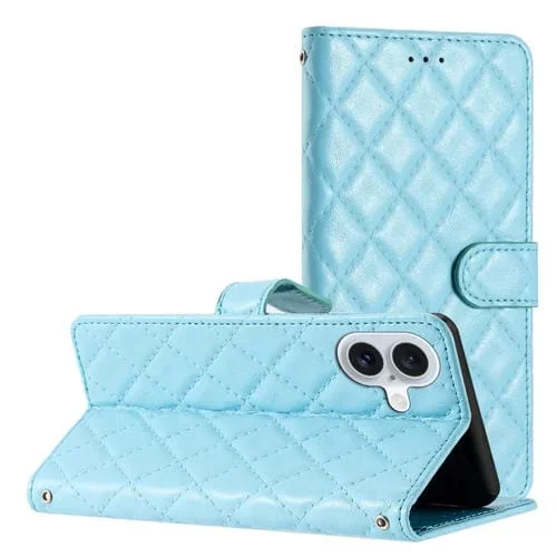 Funda de Cuero para iPhone 16 Plus Textura Celosía y Rombos (Azul Claro)
