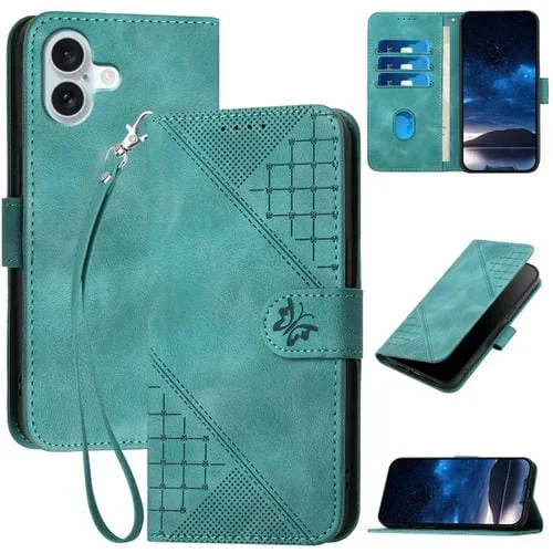 Funda de Cuero para iPhone 16 Plus Yx0080 con Tapa y Cordón Diseño Mariposas (Azul Claro)