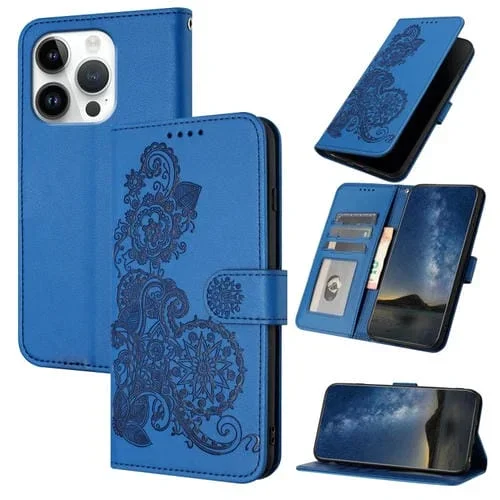 Funda de Cuero para iPhone 16 Pro Datura Flower con Tapa en Relieve (Azul)