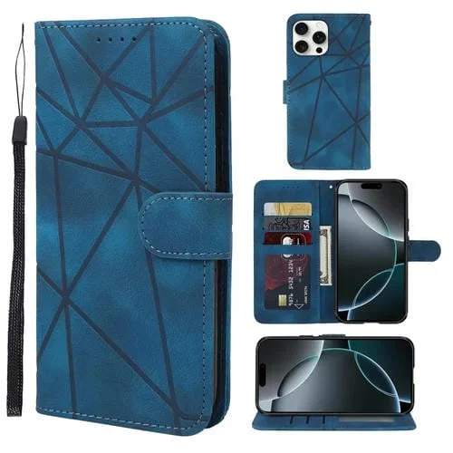 Funda de Cuero para iPhone 16 Pro Líneas Geométricas Tacto Sedoso (Azul)