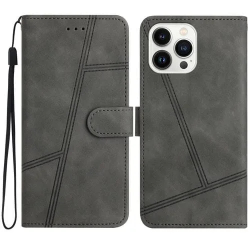 Funda de Cuero para iPhone 16 Pro Max con Costuras y Textura Piel (Gris)