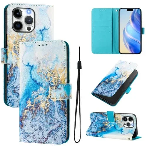 Funda de Cuero para iPhone 16 Pro Max con Diseño de Dibujo Artístico (Mármol Oceánico)