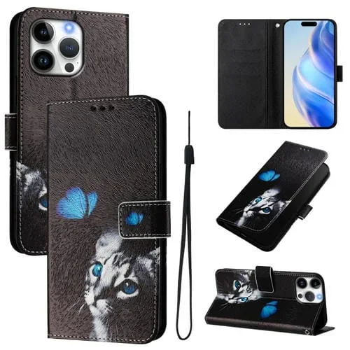Funda de Cuero para iPhone 16 Pro Max con Diseño Dibujo Artístico (Gato Mariposa)