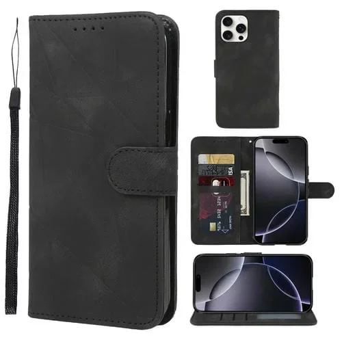 Funda de Cuero para iPhone 16 Pro Max con Líneas Geométricas y Tacto Sedoso (Negro)
