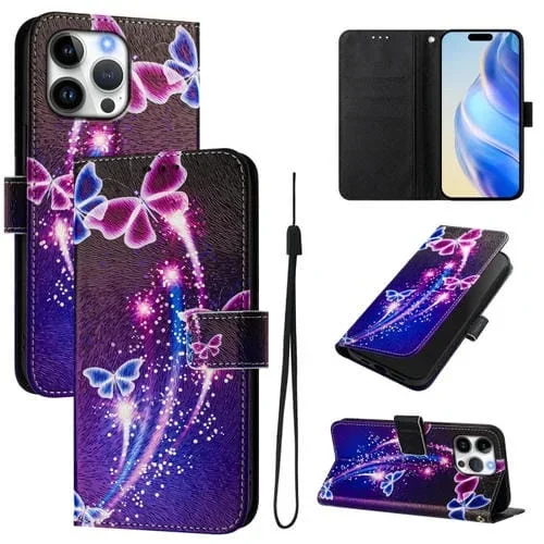 Funda de Cuero para iPhone 16 Pro Max Diseño Dibujo Artístico (Mariposa de Fuegos Artificiales)