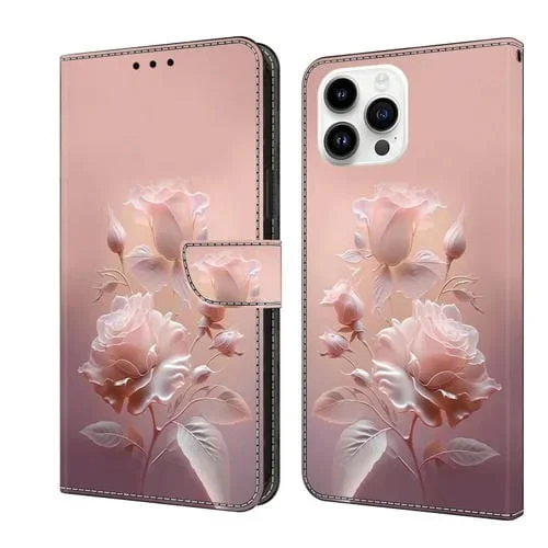 Funda de Cuero para iPhone 16 Pro Max Pintada a Mano Flores de Cerámica