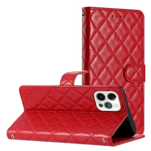 Funda de Cuero para iPhone 16 Pro Max Textura de Celosía y Rombos (Rojo)