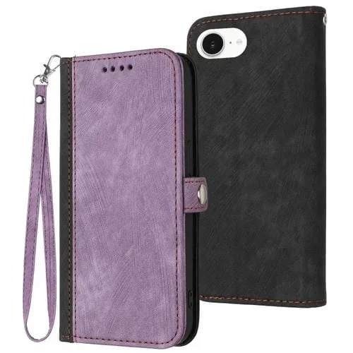 Funda de Cuero para iPhone 16E con Correa de Mano y Hebilla Lateral Doble (Morado)