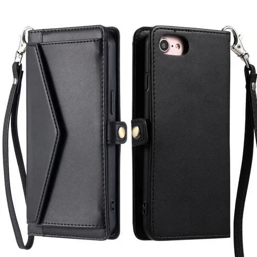 Funda de Cuero para iPhone 16E con Ranura para Tarjetas y Cordón (Negro)