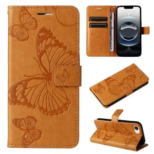 Funda de Cuero para iPhone 16E con Tapa y Diseño de Mariposa en Relieve 3D (Amarillo)
