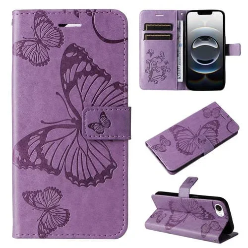 Funda de Cuero para iPhone 16E con Tapa y Diseño de Mariposa en Relieve 3D (Morado)