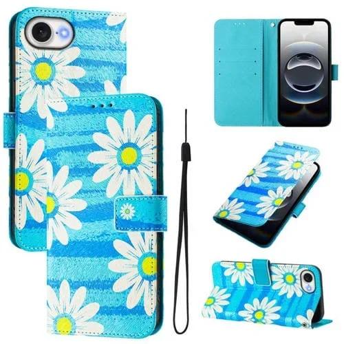 Funda de Cuero para iPhone 16E Diseño Dibujo Artístico (Margarita Azul)