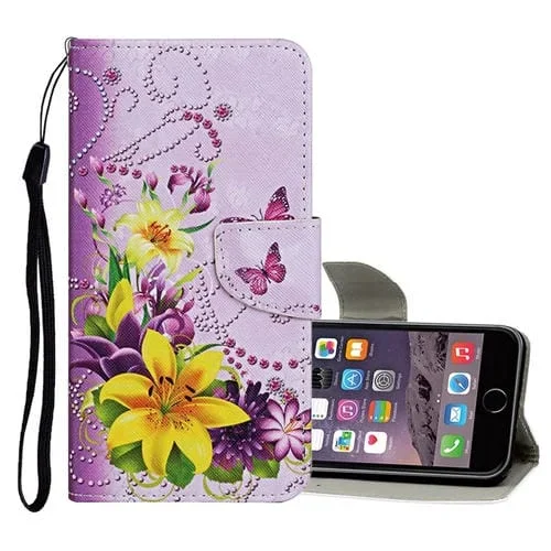 Funda de Cuero para iPhone 6 Plus / 6S Plus con Tapa Horizontal, Soporte y Ranuras para Tarjetas (Mariposa de Flor Amarilla)