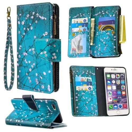 Funda de Cuero para iPhone 6S Plus y 6 Plus con Tapa Horizontal, Soporte, Ranuras y Cremallera (Plum Blossom)