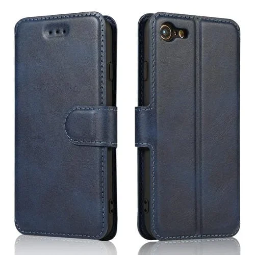 Funda de Cuero para iPhone 7/8 Hebilla Magnética Textura de Becerro Tapa Horizontal Soporte Ranuras Tarjetas Billetera Marco de Fotos (Azul)