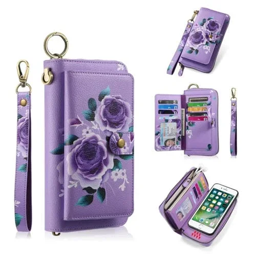 Funda de Cuero para iPhone 7 Plus/8 Plus con Billetera y Cremallera Multifuncional Pola Flower (Púrpura)