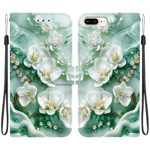 Funda de Cuero para iPhone 7 Plus/8 Plus con Dibujo de Colores y Textura de Cristal (Flores de Jade)