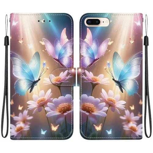 Funda de Cuero para iPhone 7 Plus/8 Plus con Dibujo de Colores y Textura de Cristal (Mariposa, Amor y Flores)