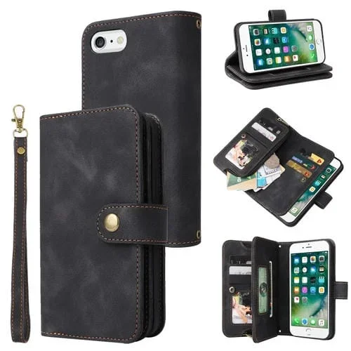 Funda de Cuero para iPhone 8 Plus y 7 Plus con Ranura para Tarjeta y Cremallera (Negro)