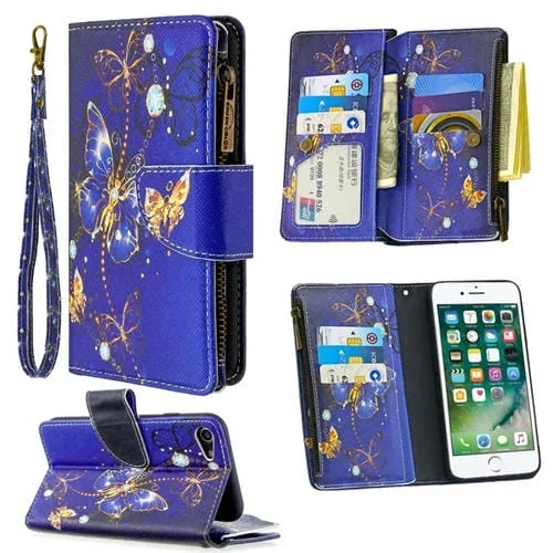 Funda de Cuero para iPhone 8 y 7 con Patrón de Dibujo, Cremallera, Tapa Horizontal, Soporte y Ranuras para Tarjetas (Mariposa Púrpura)