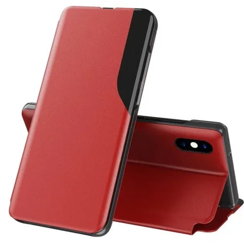 Funda de Cuero para iPhone X Xs con Pantalla Lateral Tapa Horizontal Magnética Soporte (Rojo)