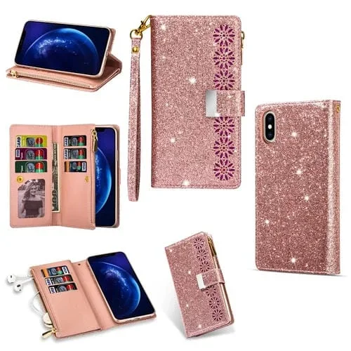 Funda de Cuero para iPhone X Xs con Ranuras para Tarjetas Múltiples Starry Sky Laser Carving Glitter con Tapa Horizontal Soporte Billetera y Cordón (Oro Rosa)