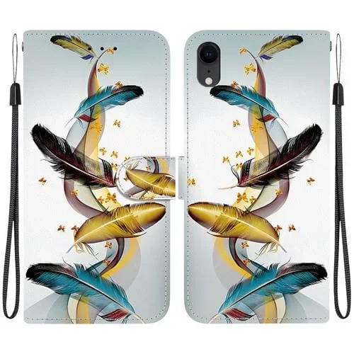 Funda de Cuero para iPhone Xr con Dibujo de Colores y Textura de Cristal (Plumas de Mariposa Doradas)